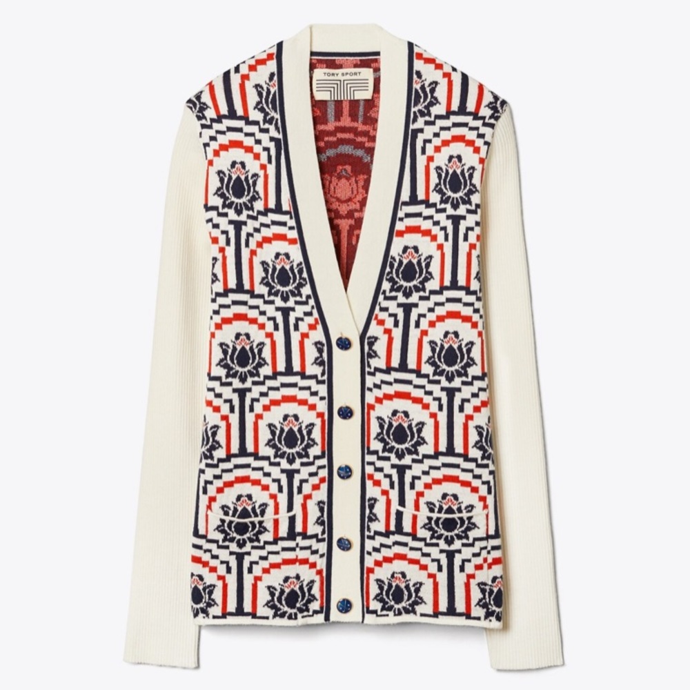 Tory Sport Merino Floral Jacquard Cardigan (SMALL)